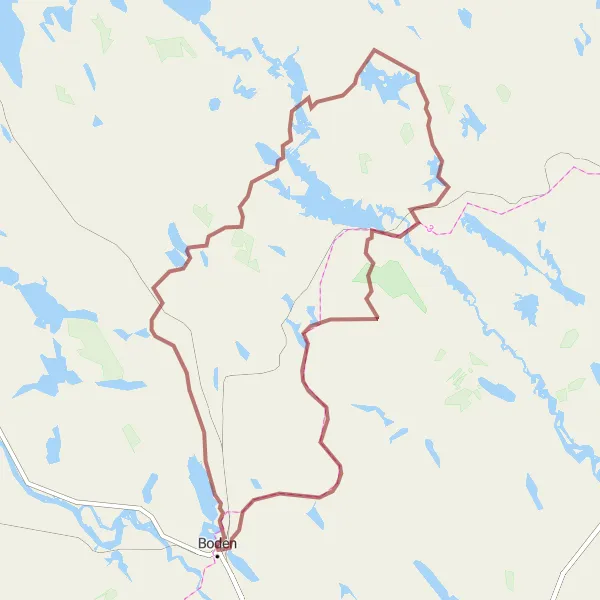 Kartminiatyr av "Grusvägscykling runt Boden" cykelinspiration i Övre Norrland, Sweden. Genererad av Tarmacs.app cykelruttplanerare