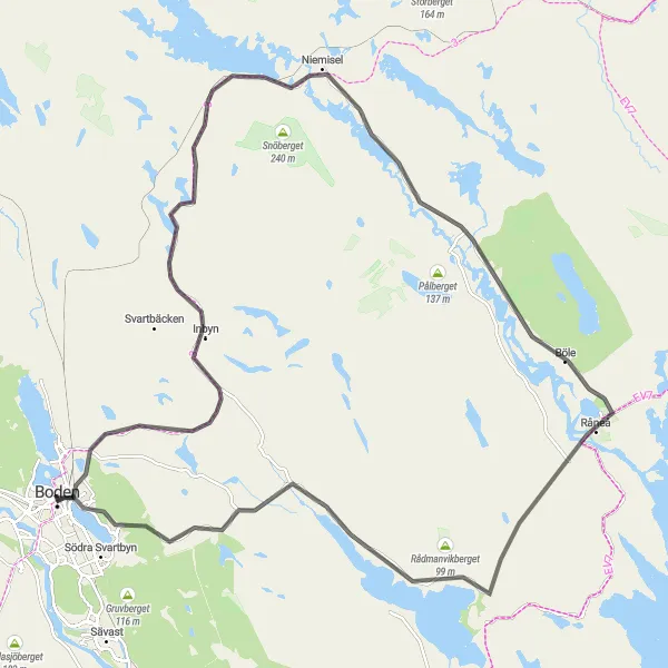Kartminiatyr av "Vägcykling till Råneå" cykelinspiration i Övre Norrland, Sweden. Genererad av Tarmacs.app cykelruttplanerare