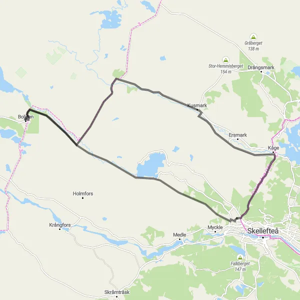 Map miniature of "Kusmark and Kåge Loop" cycling inspiration in Övre Norrland, Sweden. Generated by Tarmacs.app cycling route planner