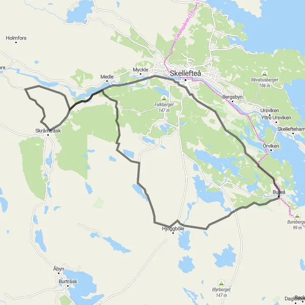Map miniature of "Road Cycling Tour Around Bureå" cycling inspiration in Övre Norrland, Sweden. Generated by Tarmacs.app cycling route planner