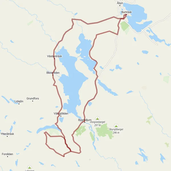 Map miniature of "Burträsk Gravel Adventure" cycling inspiration in Övre Norrland, Sweden. Generated by Tarmacs.app cycling route planner