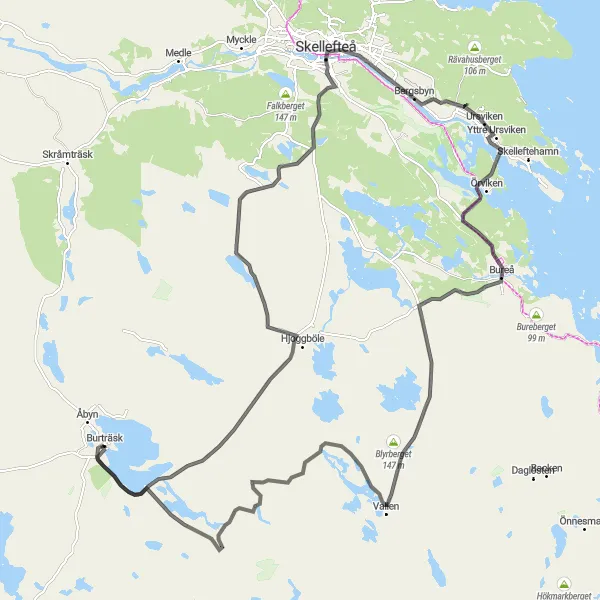 Kartminiatyr av "Burträsk - Skellefteå - Alhemshöjden - Bureå" cykelinspiration i Övre Norrland, Sweden. Genererad av Tarmacs.app cykelruttplanerare