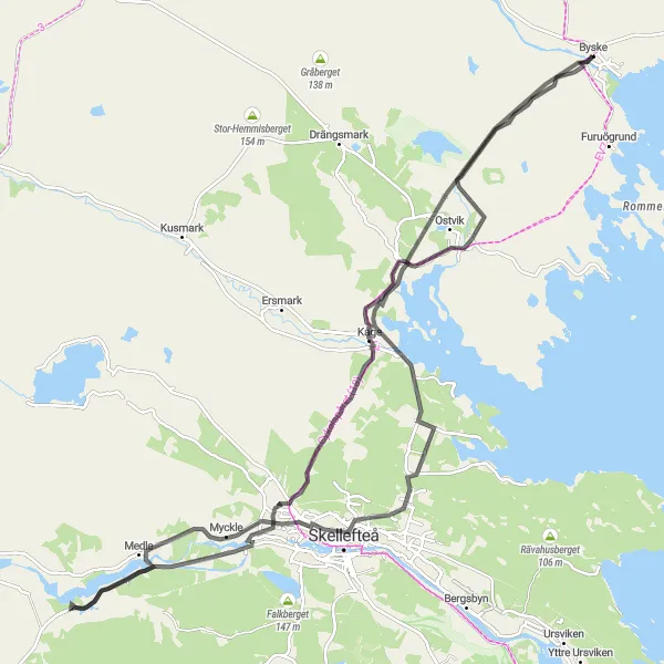 Map miniature of "Kåge and Skellefteå Dash" cycling inspiration in Övre Norrland, Sweden. Generated by Tarmacs.app cycling route planner