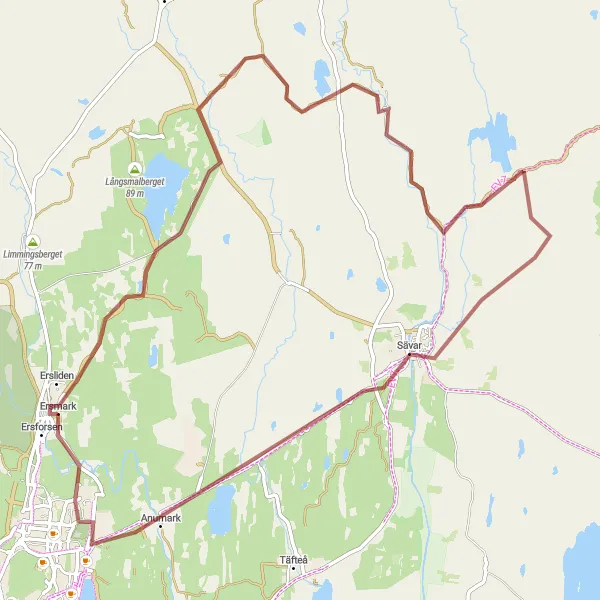 Map miniature of "Picturesque Gravel Tour to Södra Bäcksjön and Sävar" cycling inspiration in Övre Norrland, Sweden. Generated by Tarmacs.app cycling route planner
