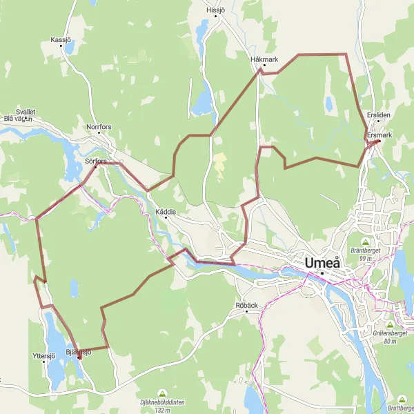 Map miniature of "Gravel Adventure through Umedalen and Tjälamarksberget" cycling inspiration in Övre Norrland, Sweden. Generated by Tarmacs.app cycling route planner