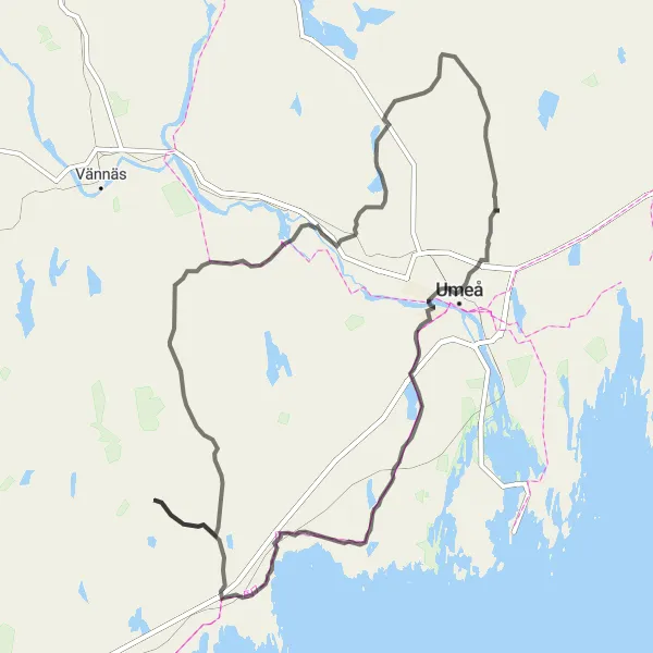 Map miniature of "Umeå to Sörfors Loop via Stöcksjö" cycling inspiration in Övre Norrland, Sweden. Generated by Tarmacs.app cycling route planner