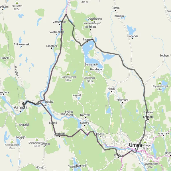 Map miniature of "Umeå to Vännforsbäckberget Circuit" cycling inspiration in Övre Norrland, Sweden. Generated by Tarmacs.app cycling route planner