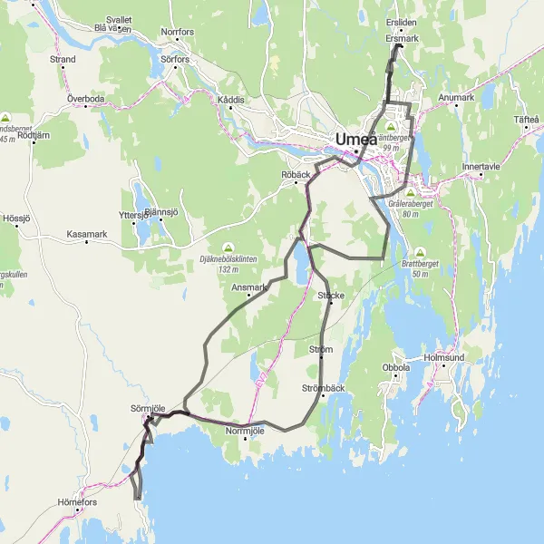 Map miniature of "Ersboda to Ersmark Circuit" cycling inspiration in Övre Norrland, Sweden. Generated by Tarmacs.app cycling route planner