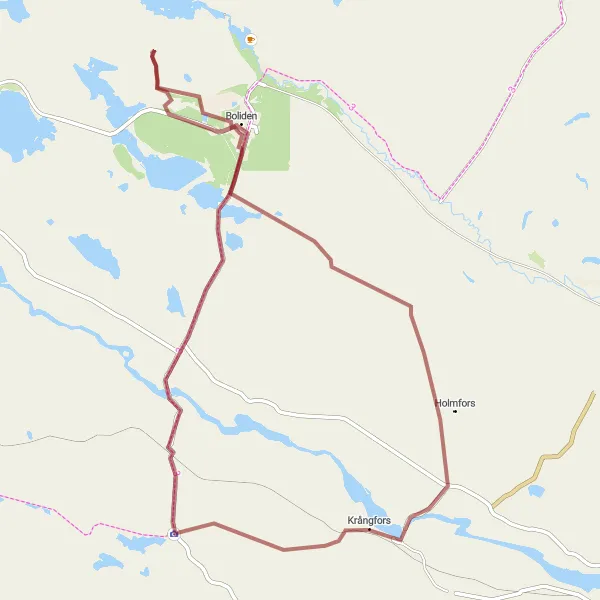 Kartminiatyr av "Boliden runt via Finnforsfallet och Bjurliden" cykelinspiration i Övre Norrland, Sweden. Genererad av Tarmacs.app cykelruttplanerare