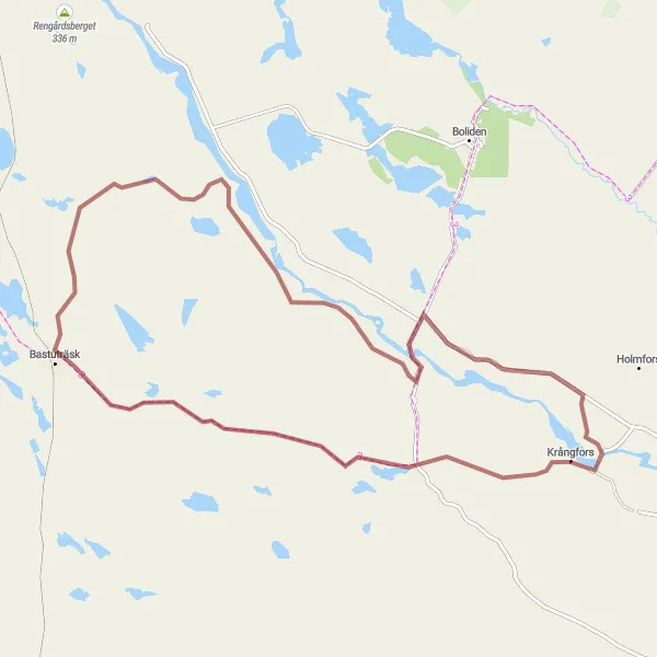 Kartminiatyr av "Utflykt till Båtfors via Bastuträsk och Finnforsfallet" cykelinspiration i Övre Norrland, Sweden. Genererad av Tarmacs.app cykelruttplanerare