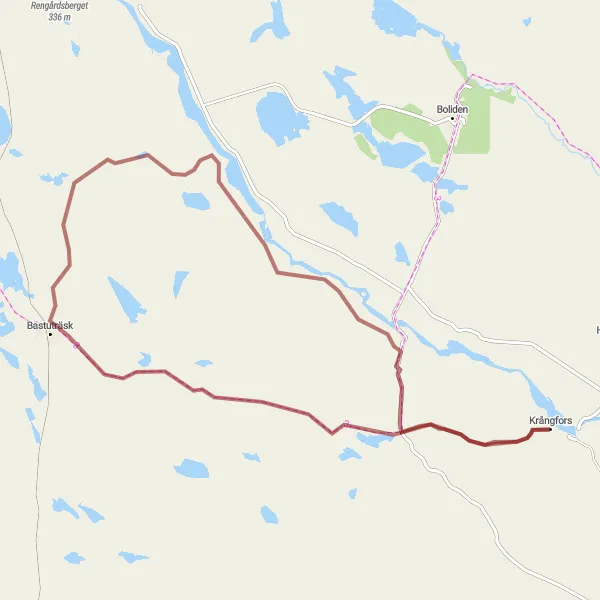 Map miniature of "Bastuträsk and Finnforsfallet Gravel Route" cycling inspiration in Övre Norrland, Sweden. Generated by Tarmacs.app cycling route planner