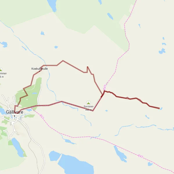 Kartminiatyr av "Koskullskulle och Sorvanen Utflykt" cykelinspiration i Övre Norrland, Sweden. Genererad av Tarmacs.app cykelruttplanerare