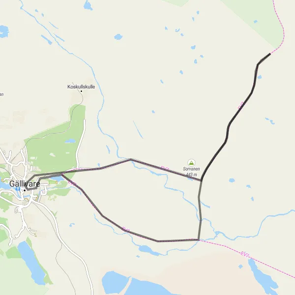 Kartminiatyr av "Gällivare till Sorvanen Cykeltur" cykelinspiration i Övre Norrland, Sweden. Genererad av Tarmacs.app cykelruttplanerare