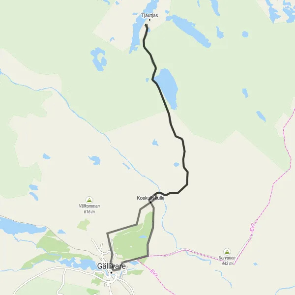 Map miniature of "Around Čavččasjávri and Tjautjas" cycling inspiration in Övre Norrland, Sweden. Generated by Tarmacs.app cycling route planner