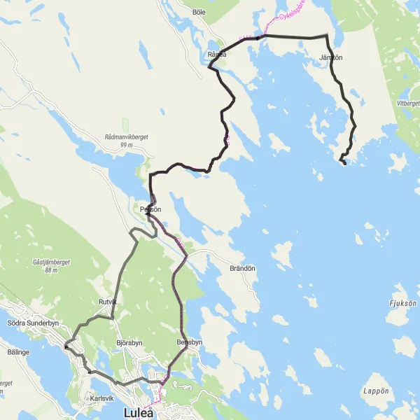 Map miniature of "Gammelstad to Råneå Loop" cycling inspiration in Övre Norrland, Sweden. Generated by Tarmacs.app cycling route planner