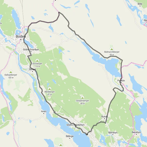 Kartminiatyr av "Gammelstad Historical Loop" cykelinspiration i Övre Norrland, Sweden. Genererad av Tarmacs.app cykelruttplanerare