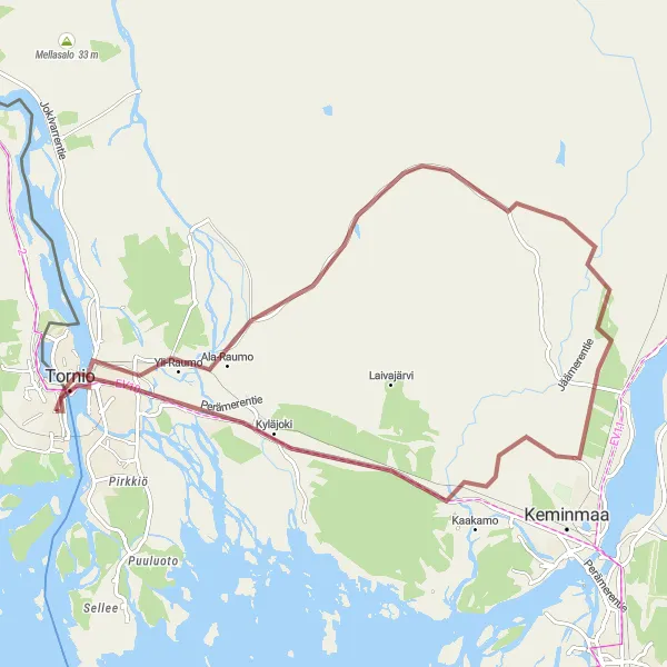 Kartminiatyr av "Gruskörning runt Haparanda" cykelinspiration i Övre Norrland, Sweden. Genererad av Tarmacs.app cykelruttplanerare