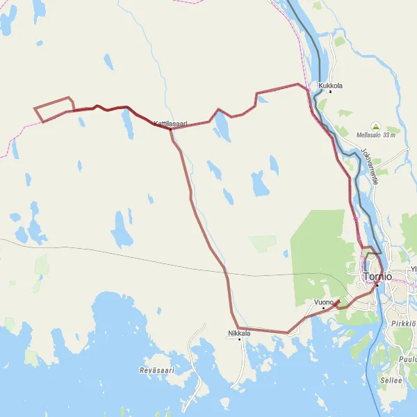 Map miniature of "Gravel Adventure along Tornionjoki" cycling inspiration in Övre Norrland, Sweden. Generated by Tarmacs.app cycling route planner