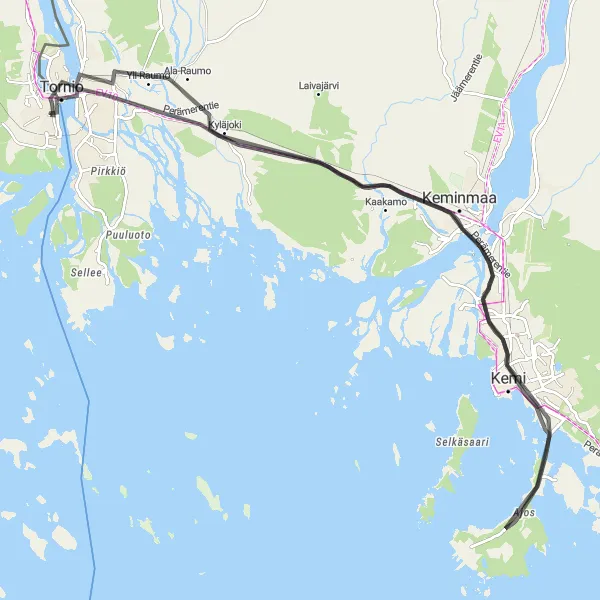 Map miniature of "Kemi Road Adventure" cycling inspiration in Övre Norrland, Sweden. Generated by Tarmacs.app cycling route planner