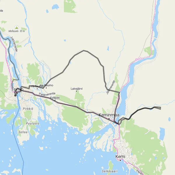 Map miniature of "Tornio Road Adventure" cycling inspiration in Övre Norrland, Sweden. Generated by Tarmacs.app cycling route planner