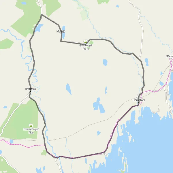 Map miniature of "The Hörnefors Loop" cycling inspiration in Övre Norrland, Sweden. Generated by Tarmacs.app cycling route planner