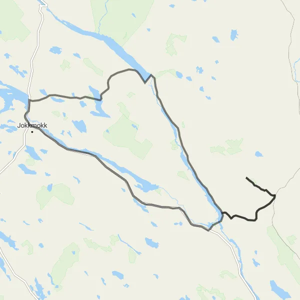 Kartminiatyr av "Murjek till Vuollerim Cykeltur" cykelinspiration i Övre Norrland, Sweden. Genererad av Tarmacs.app cykelruttplanerare