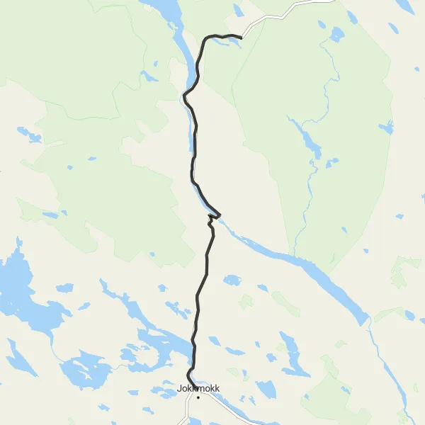 Kartminiatyr av "Jokkmokk till Porjus Cykeltur" cykelinspiration i Övre Norrland, Sweden. Genererad av Tarmacs.app cykelruttplanerare