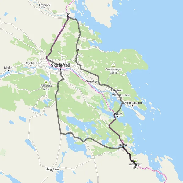 Kartminiatyr av "Kåge - Bureberget - Bureå - Östra Falmark - Skellefteå - Kåge" cykelinspiration i Övre Norrland, Sweden. Genererad av Tarmacs.app cykelruttplanerare