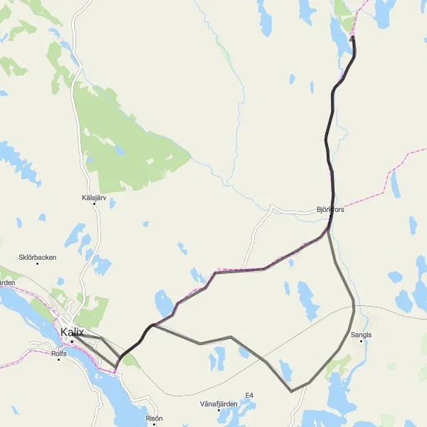 Map miniature of "Kalix Lake Roadie" cycling inspiration in Övre Norrland, Sweden. Generated by Tarmacs.app cycling route planner