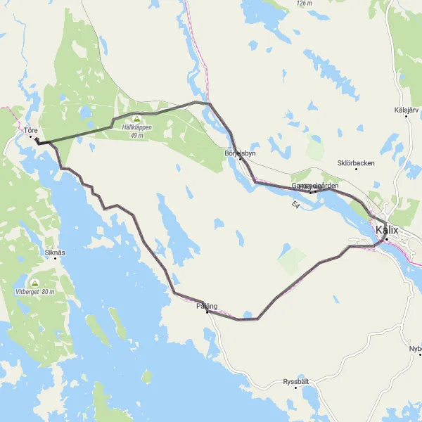Map miniature of "Kalix - Töre - Hällkläppen - Bondersbyn" cycling inspiration in Övre Norrland, Sweden. Generated by Tarmacs.app cycling route planner