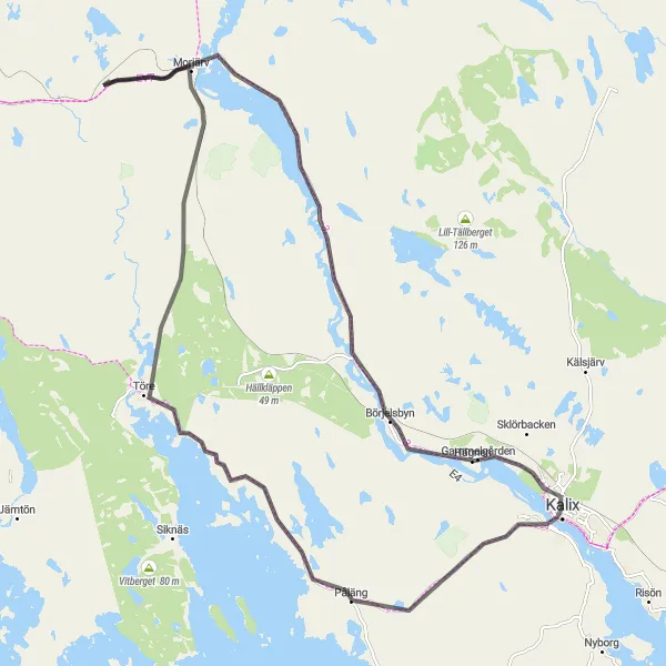 Map miniature of "Kalix - Töre - Morjärv - Storberget - Bondersbyn" cycling inspiration in Övre Norrland, Sweden. Generated by Tarmacs.app cycling route planner