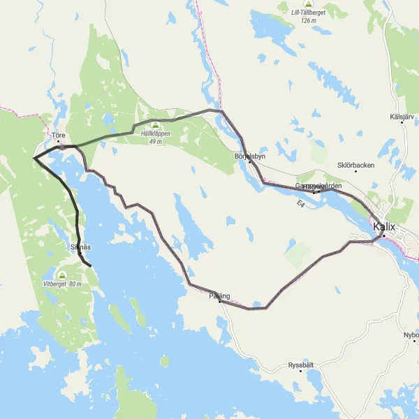 Map miniature of "Kalix - Töre - Siknäs - Hällkläppen - Bondersbyn" cycling inspiration in Övre Norrland, Sweden. Generated by Tarmacs.app cycling route planner