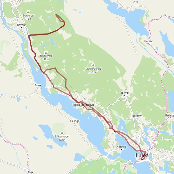 Map miniature of "Gravel ride to Gjutberget, Gammelstad, and Bergviken" cycling inspiration in Övre Norrland, Sweden. Generated by Tarmacs.app cycling route planner