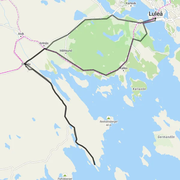 Map miniature of "Scenic road ride to Ersnäs and Gültzauudden" cycling inspiration in Övre Norrland, Sweden. Generated by Tarmacs.app cycling route planner