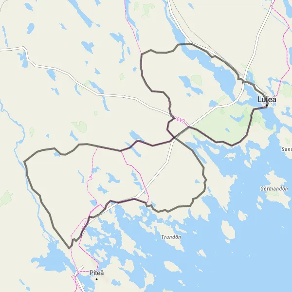 Kartminiatyr av "Luleå Landsväg Loop" cykelinspiration i Övre Norrland, Sweden. Genererad av Tarmacs.app cykelruttplanerare