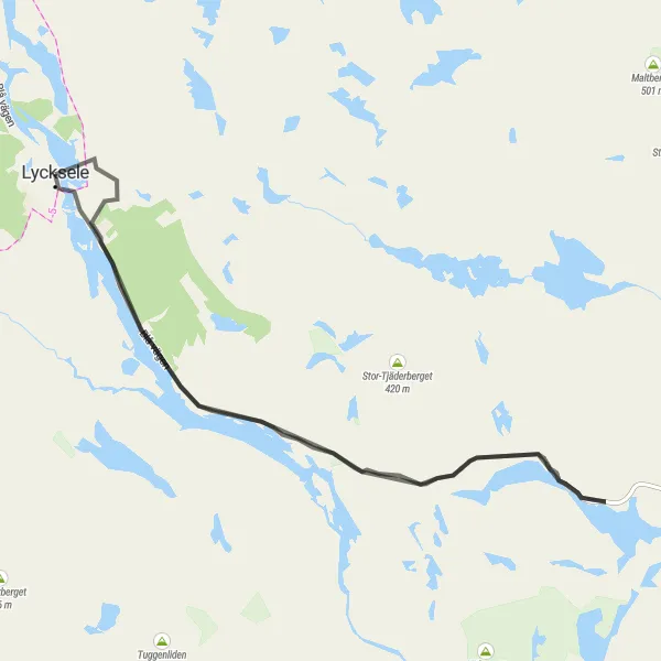 Map miniature of "Lycksele to Kamtjärnberget Loop" cycling inspiration in Övre Norrland, Sweden. Generated by Tarmacs.app cycling route planner