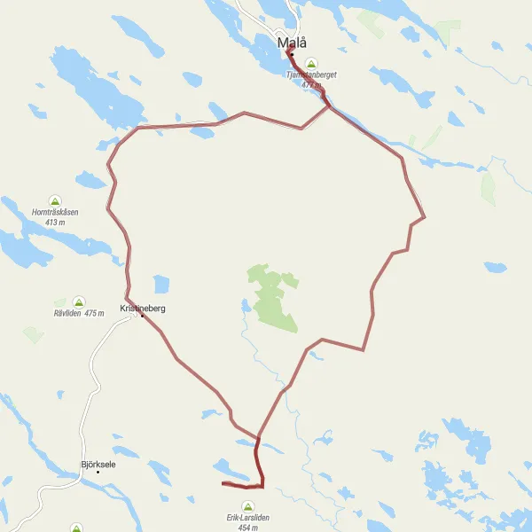 Map miniature of "Södra Svanaberget and Kristineberg Gravel Adventure" cycling inspiration in Övre Norrland, Sweden. Generated by Tarmacs.app cycling route planner