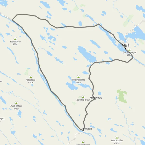 Map miniature of "Kristineberg and Vindelgransele Circuit" cycling inspiration in Övre Norrland, Sweden. Generated by Tarmacs.app cycling route planner