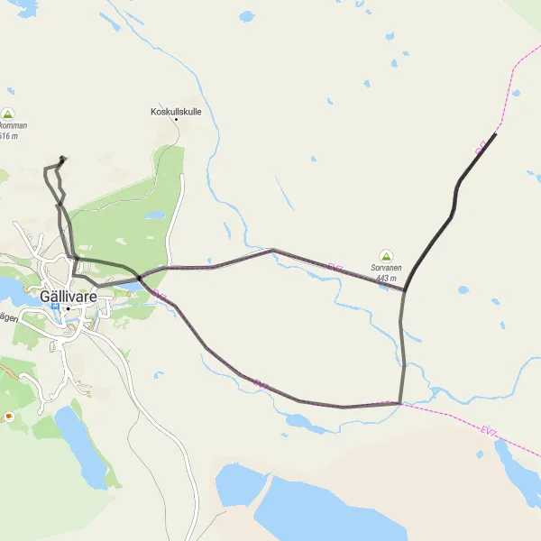 Map miniature of "Scenic Malmberget Ride" cycling inspiration in Övre Norrland, Sweden. Generated by Tarmacs.app cycling route planner