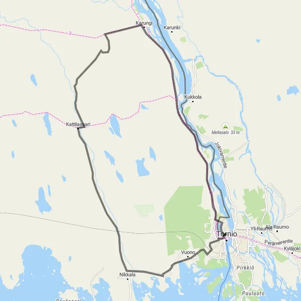 Map miniature of "The Karungi Adventure" cycling inspiration in Övre Norrland, Sweden. Generated by Tarmacs.app cycling route planner