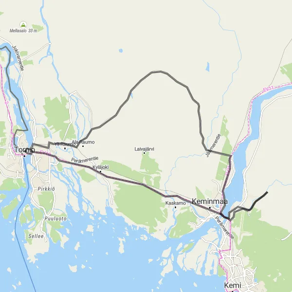 Map miniature of "Pikku-Berliini to Tornio Road Adventure" cycling inspiration in Övre Norrland, Sweden. Generated by Tarmacs.app cycling route planner