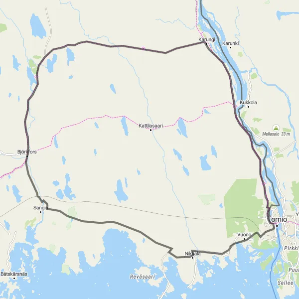 Map miniature of "Around Lake Lappträsk" cycling inspiration in Övre Norrland, Sweden. Generated by Tarmacs.app cycling route planner