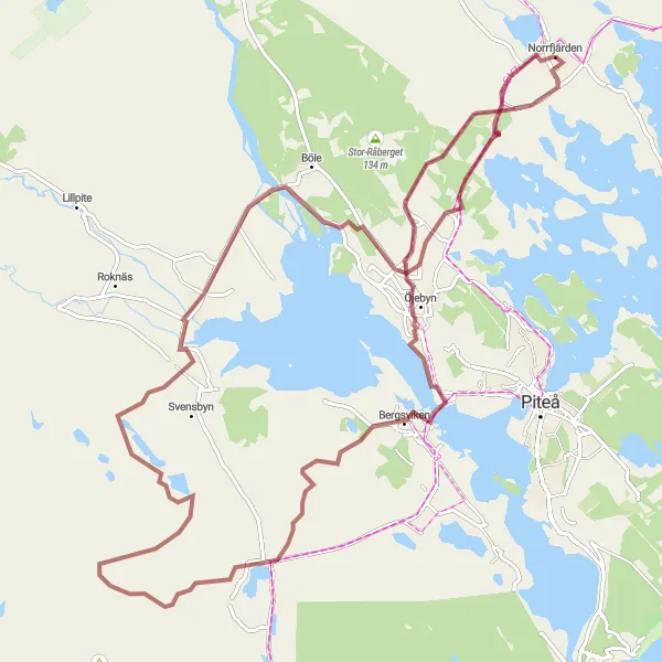 Kartminiatyr av "Norrfjärden till Öjebyn och Mjösjöberget grusväg" cykelinspiration i Övre Norrland, Sweden. Genererad av Tarmacs.app cykelruttplanerare