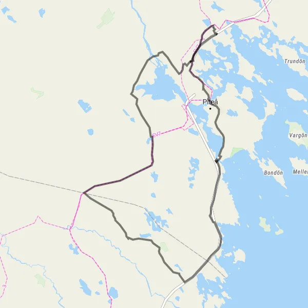 Map miniature of "Piteå to Norrfjärden Loop" cycling inspiration in Övre Norrland, Sweden. Generated by Tarmacs.app cycling route planner