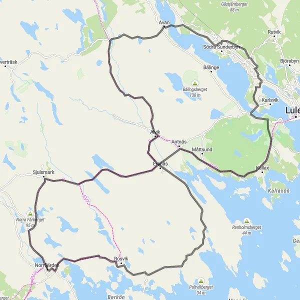 Map miniature of "Norrfjärden Circular Road" cycling inspiration in Övre Norrland, Sweden. Generated by Tarmacs.app cycling route planner