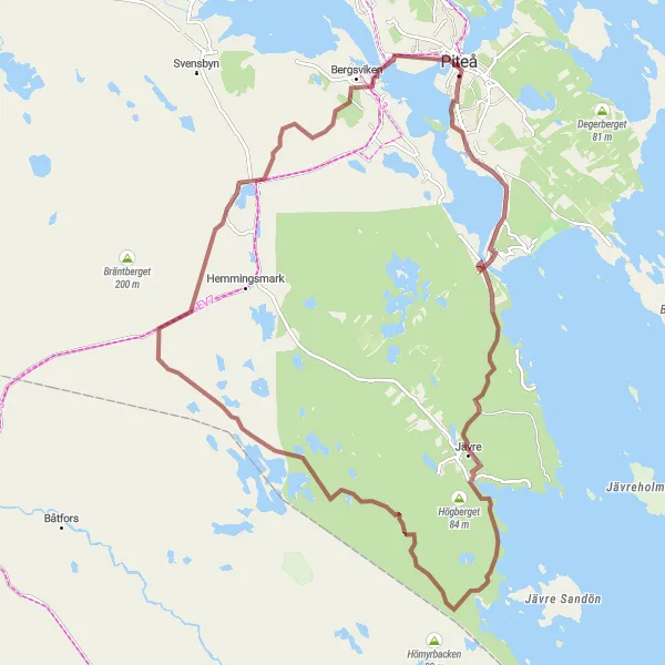 Map miniature of "Piteå to Jävre: Discovering Nature's Gravel Secrets" cycling inspiration in Övre Norrland, Sweden. Generated by Tarmacs.app cycling route planner