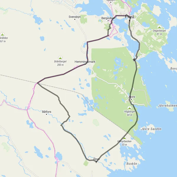Map miniature of "Piteå Loop Adventure" cycling inspiration in Övre Norrland, Sweden. Generated by Tarmacs.app cycling route planner