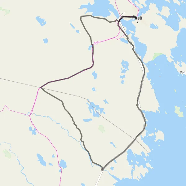 Map miniature of "Piteå to Jävre Loop" cycling inspiration in Övre Norrland, Sweden. Generated by Tarmacs.app cycling route planner