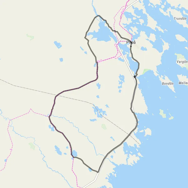 Map miniature of "Piteå to Svensbyn Circuit" cycling inspiration in Övre Norrland, Sweden. Generated by Tarmacs.app cycling route planner