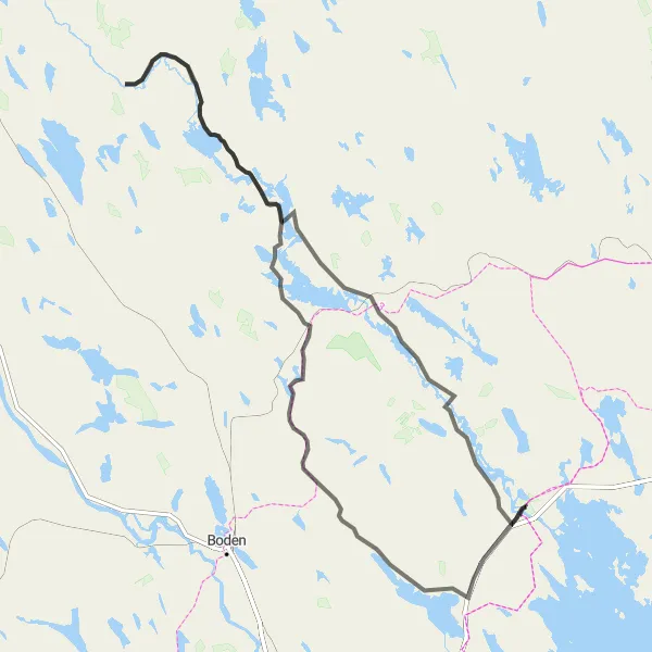 Kartminiatyr av "Råneå - Gunnarsbyn - Korpforsen - Niemisel" cykelinspiration i Övre Norrland, Sweden. Genererad av Tarmacs.app cykelruttplanerare